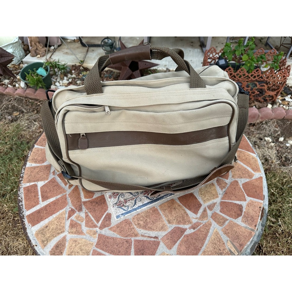 Eddie Bauer Vintage Canvas Duffel Bag Tan Brown Travel Weekend Carry On Carryall